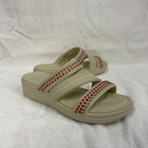 NEW! CROCS BOCA GEM STRAP WEDGE Women Beige Strappy Slip On Sandals Shoes